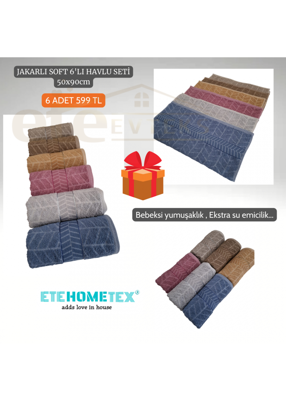 ETEHOMETEX JAKARLI SOFT 6'LI 50x90cm HAVLU SETİ 8696474231835